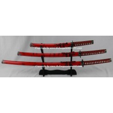 New 3 PCS Japanese Shogun Burgundy Red & Black Fighting Dragon Samurai Warrior Katana  Sword Set